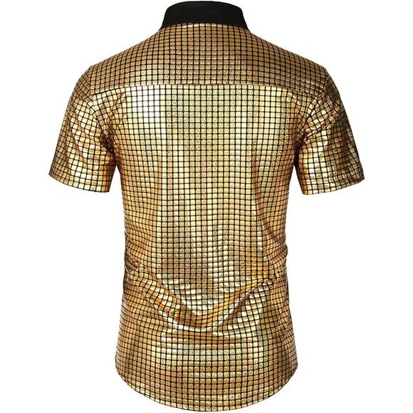Men's 70s Costume Disco Party Dress Short Sleeve Button Down Shirts - Picture 2 of 5
